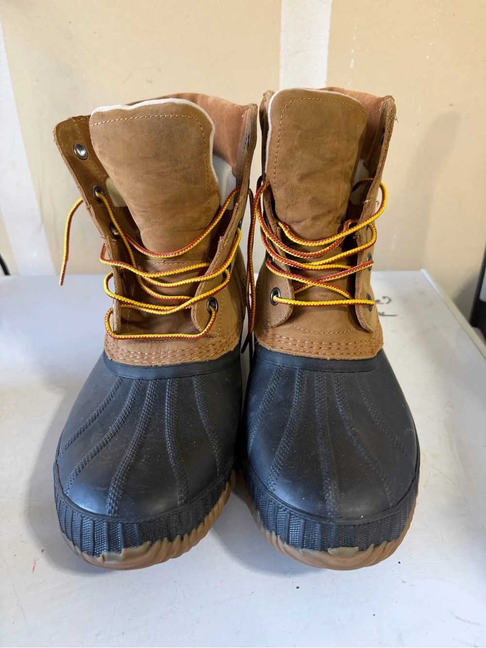 Sorel Brown & Black Duck Boots with Yellow Laces
